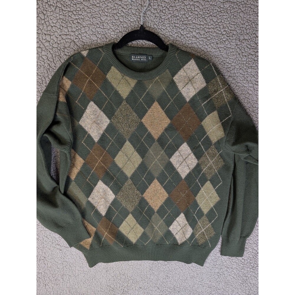 Blarney Woolen Mills Sweater Mens Large Green Argyle 100% Lambswool Long Sleeve